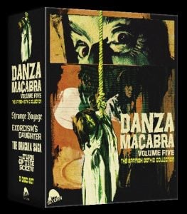 Box cover for "Danza Macabra Volume Five: The Spanish Gothic Collection," featuring dramatic artwork with a frightened face and gothic imagery.