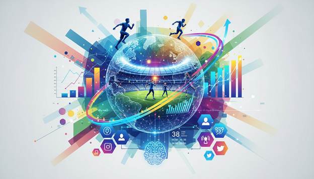 Digital illustration of a stadium inside a translucent sphere, with athletes running around it and various data graphs, tech icons, and analytics visuals in the background.