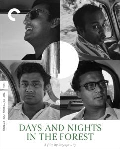 Four men ride in a car, each shown in separate black-and-white portraits. Text reads: "Days and Nights in the Forest, a film by Satyajit Ray." Criterion Collection branding is present.