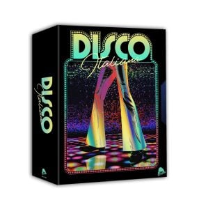 Box with the text "Disco Italiano" showing a pair of legs in shiny bell-bottom pants and platform shoes on a colorful, glittery dance floor.