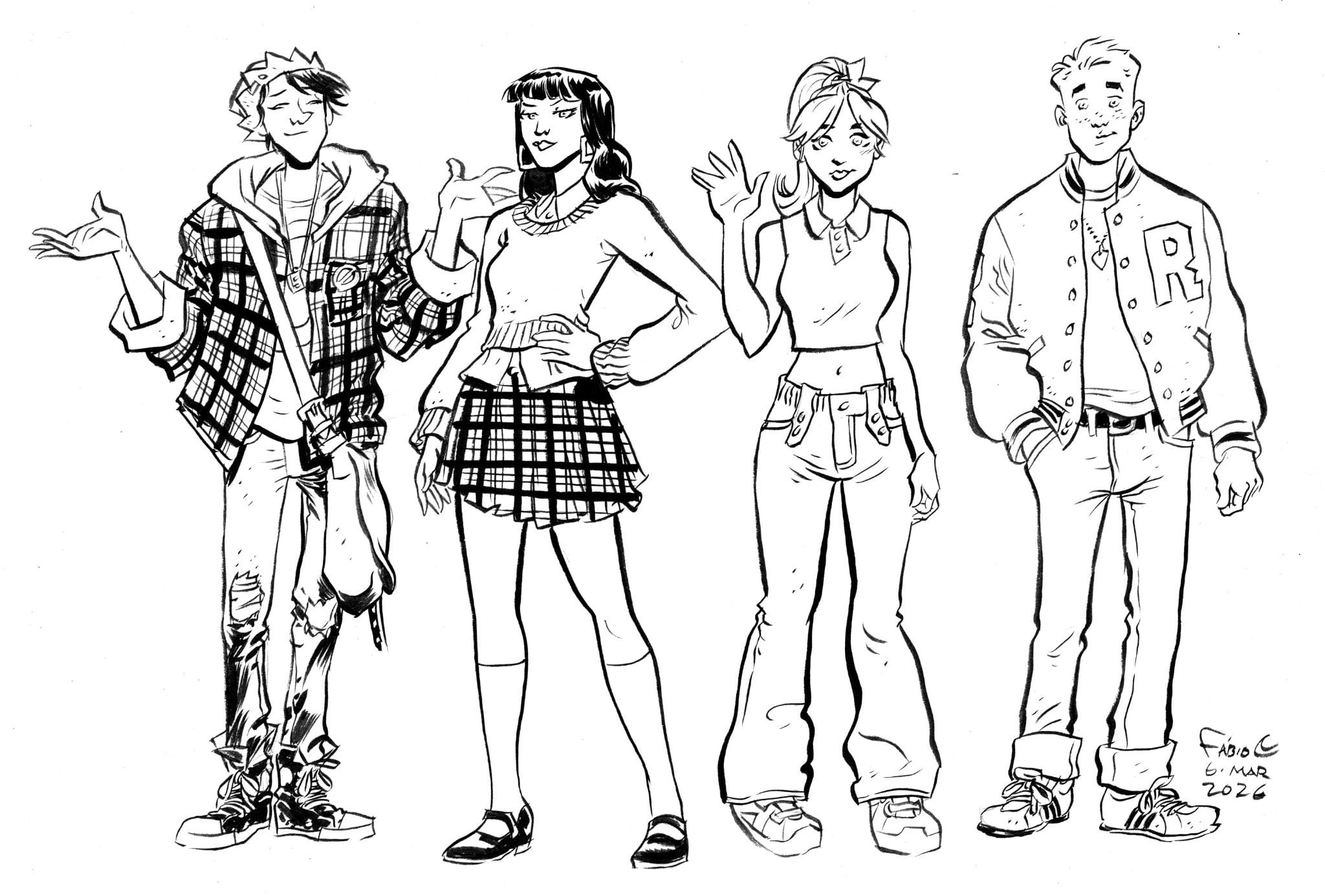 Black and white illustration of four teenagers standing side by side, each dressed in distinct casual outfits and posing with relaxed gestures.