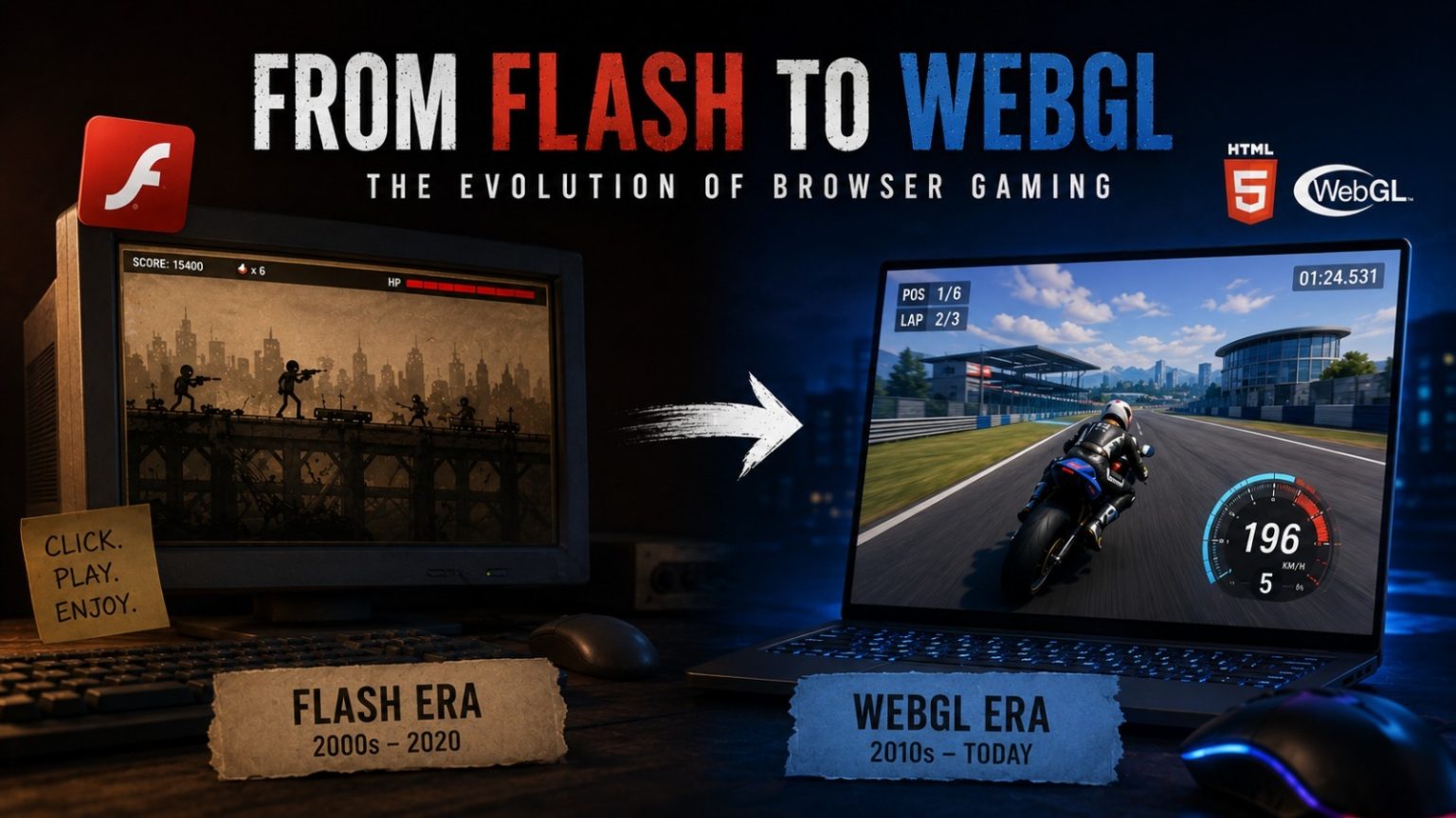 From Flash To WebGL: What The Evolution of Browser Gaming Looks Like Side-by-side comparison of two laptops: one showing a 2D Flash platformer game, labeled "Flash Era," and the other displaying a 3D WebGL racing game, labeled "WebGL Era.