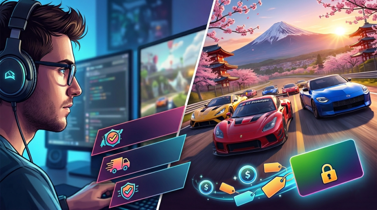 A person wearing headphones uses a computer, with racing cars, price tags, and digital icons visible on a screen that shows a scenic racetrack by Mount Fuji.