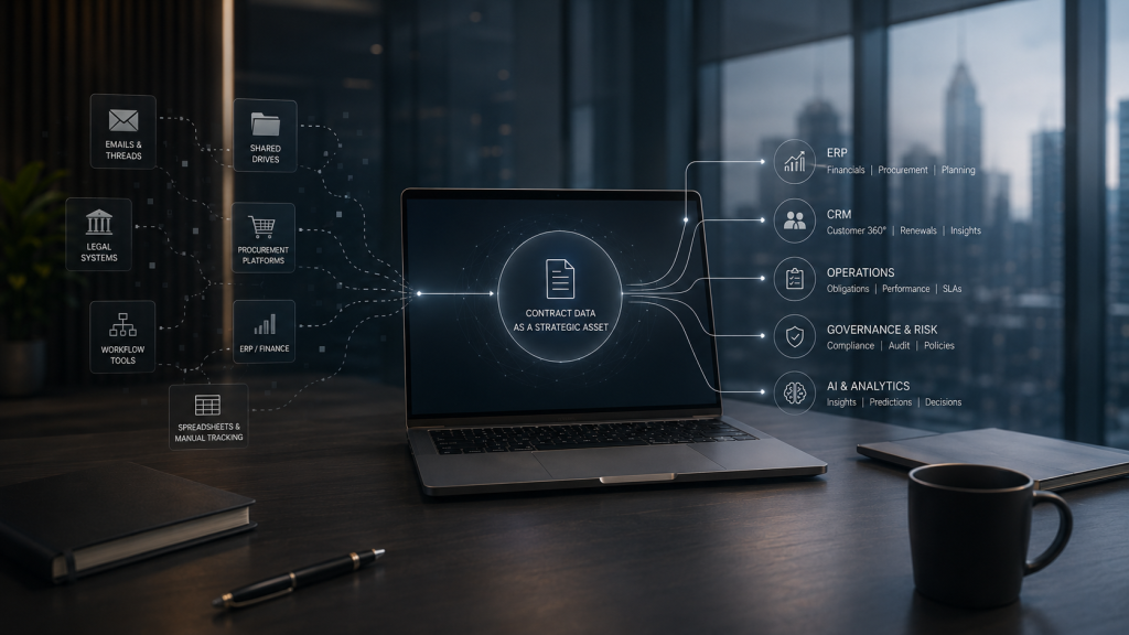 A laptop on a desk displays a digital interface about contract data as a strategic asset, with icons and diagrams linking to business management systems.