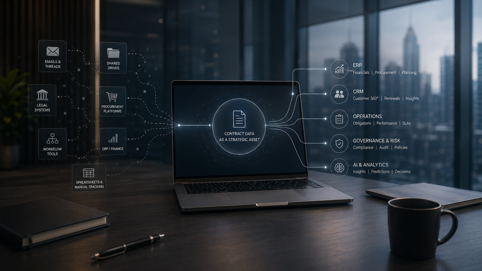 Why Fragmented CLM Inflates Your Total Cost of Ownership A laptop on a desk displays a digital interface about contract data as a strategic asset, with icons and diagrams linking to business management systems.