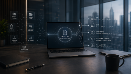 Why Fragmented CLM Inflates Your Total Cost of Ownership A laptop on a desk displays a digital interface about contract data as a strategic asset, with icons and diagrams linking to business management systems.