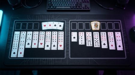 FreeCell IO and Penguin Solitaire: Two Card Games Every Geek Should Have Bookmarked A computer keyboard and mouse sit behind a desk mat displaying two games of solitaire in progress, with cards spread out and one king of hearts highlighted.