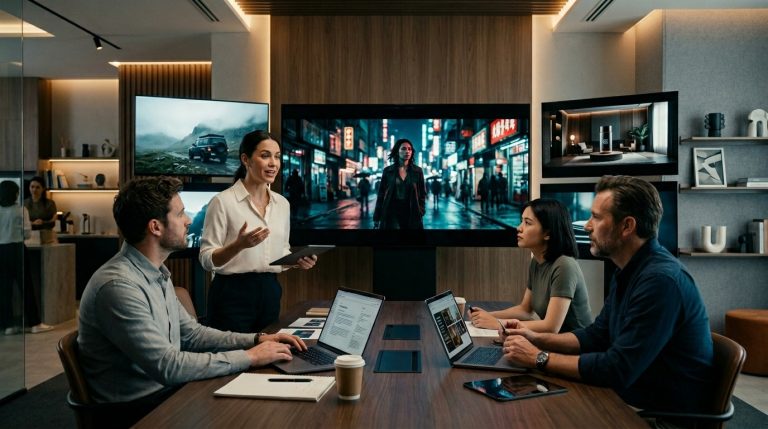Four people sit at a conference table with laptops while a woman stands presenting; a large screen behind shows a city street scene at night.