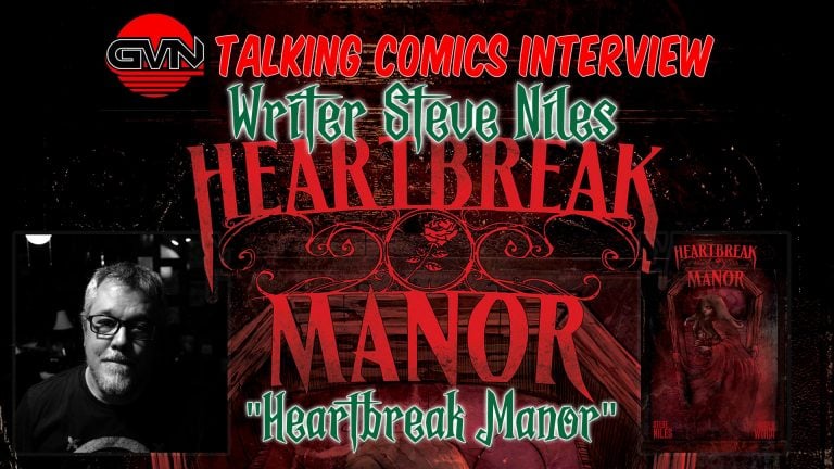Promotional graphic for a "Talking Comics Interview" with writer Steve Niles about "Heartbreak Manor," featuring his photo and the book cover.