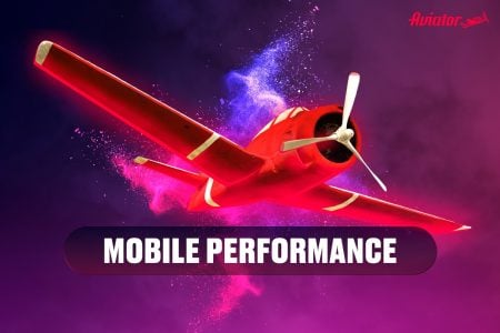 A red propeller airplane flies through a purple and pink background with "MOBILE PERFORMANCE" written in bold text below it.