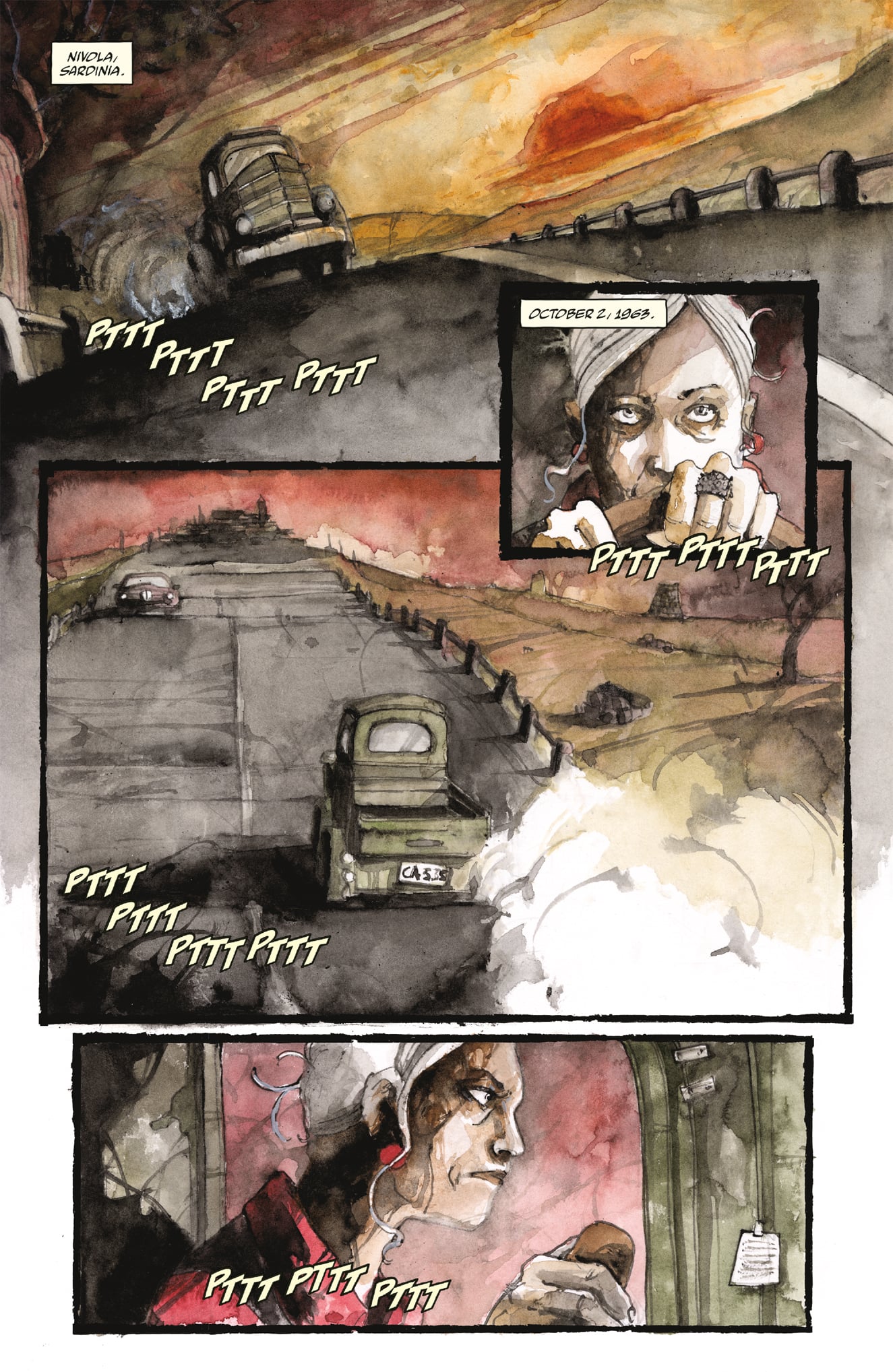 A green car drives along a rural road at sunset; a worried woman inside eats chocolate and listens to the radio as she travels.