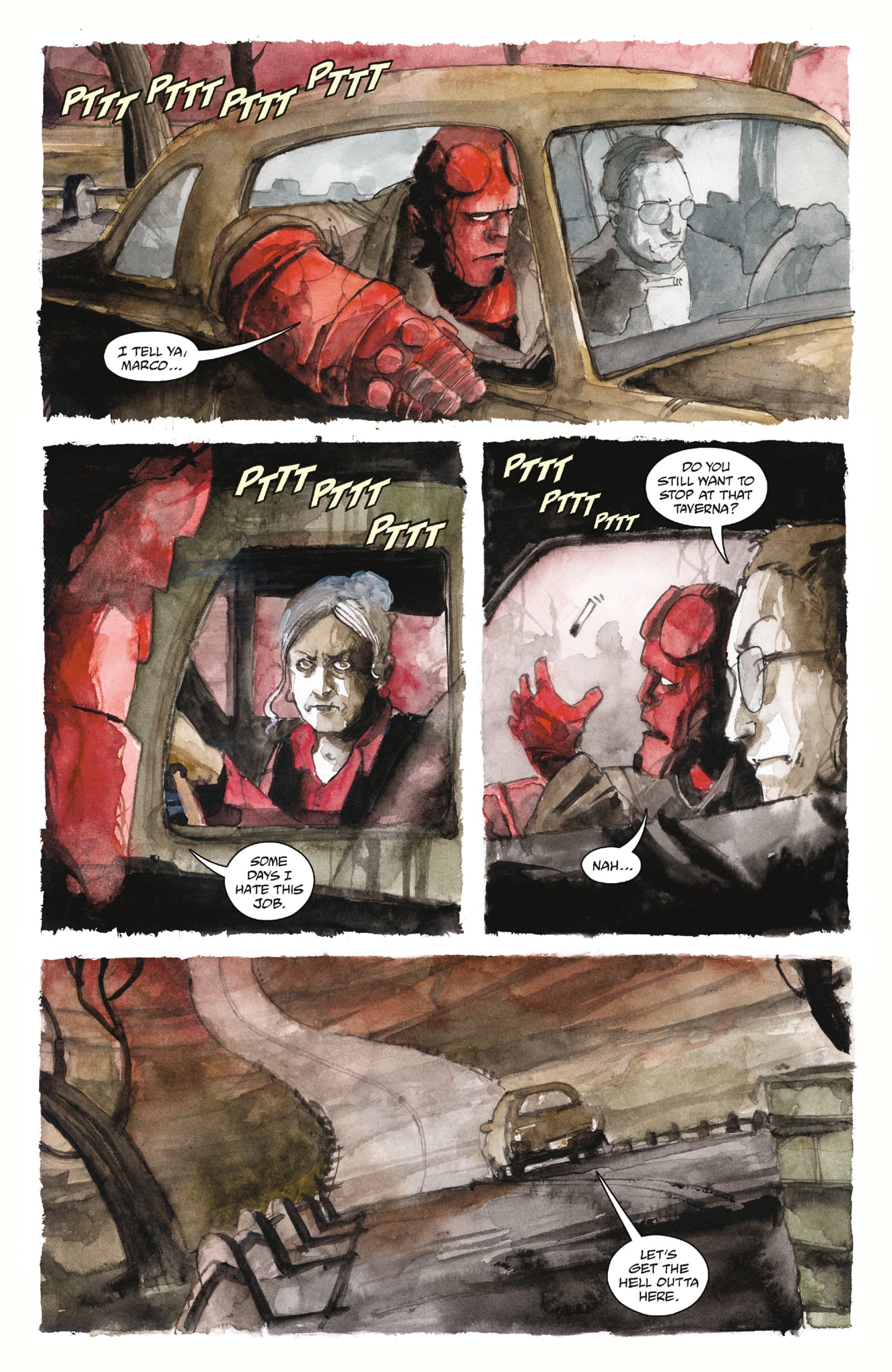 Red-skinned figure in a car talks to a woman in another car at night; they exchange words, then drive away down a winding road.