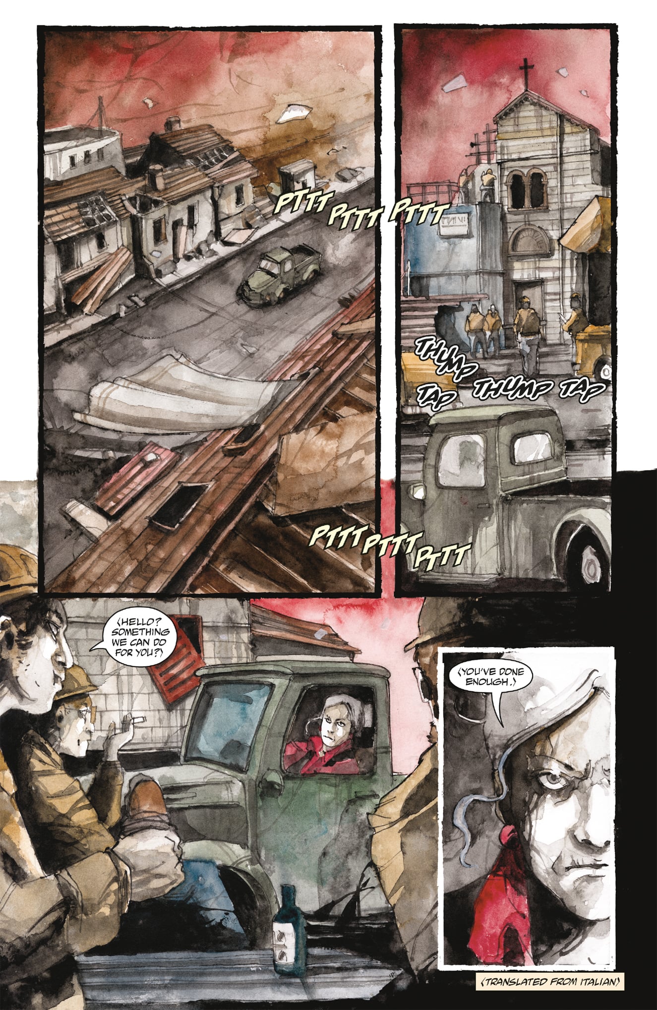 A man leans from a green truck to speak to another man, buildings and a church in the background, as people gather and rain falls; comic text overlays the scene.