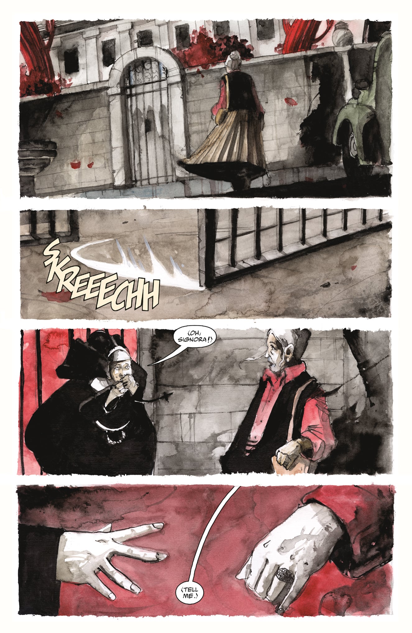 A gate creaks open as a figure approaches; two people inside react with shock; a close-up shows a hand and the words, "Tell me.
