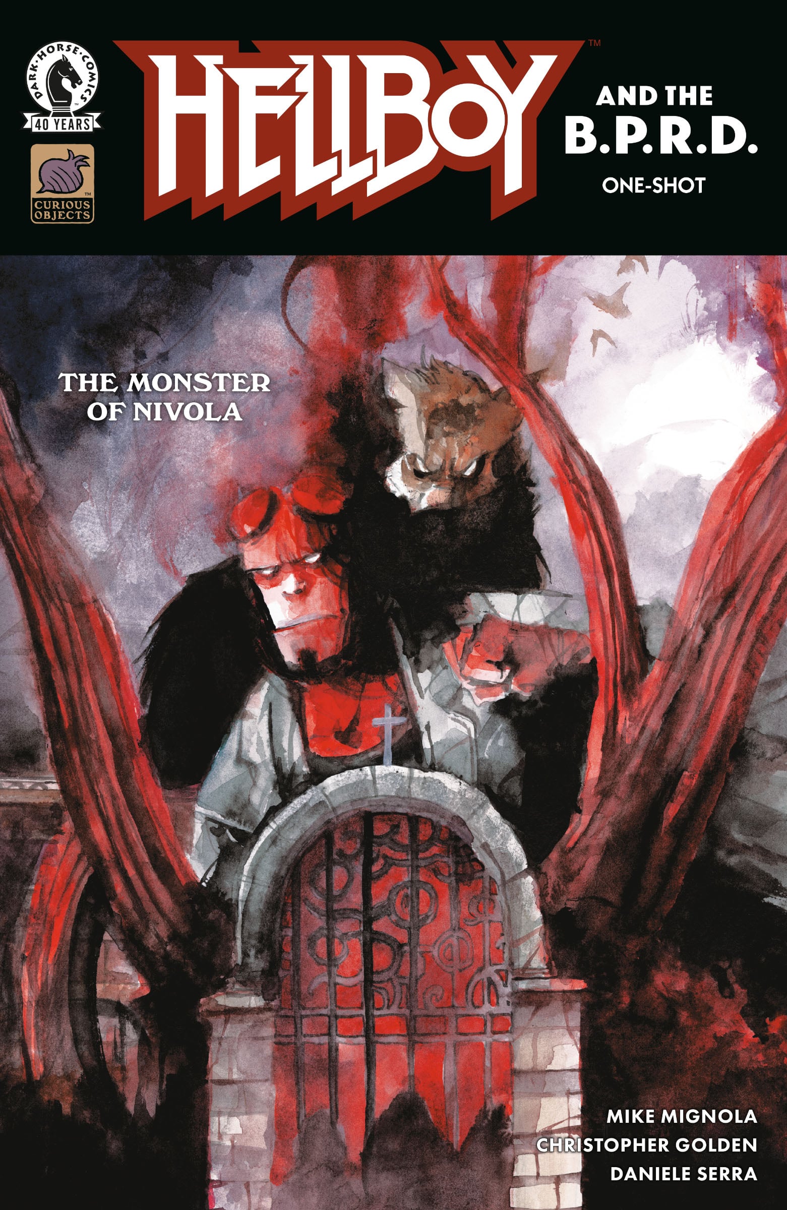 Comic book cover featuring Hellboy standing behind an iron gate, surrounded by red trees, with a dark, smoky figure looming above. Text reads: "The Monster of Nivola.