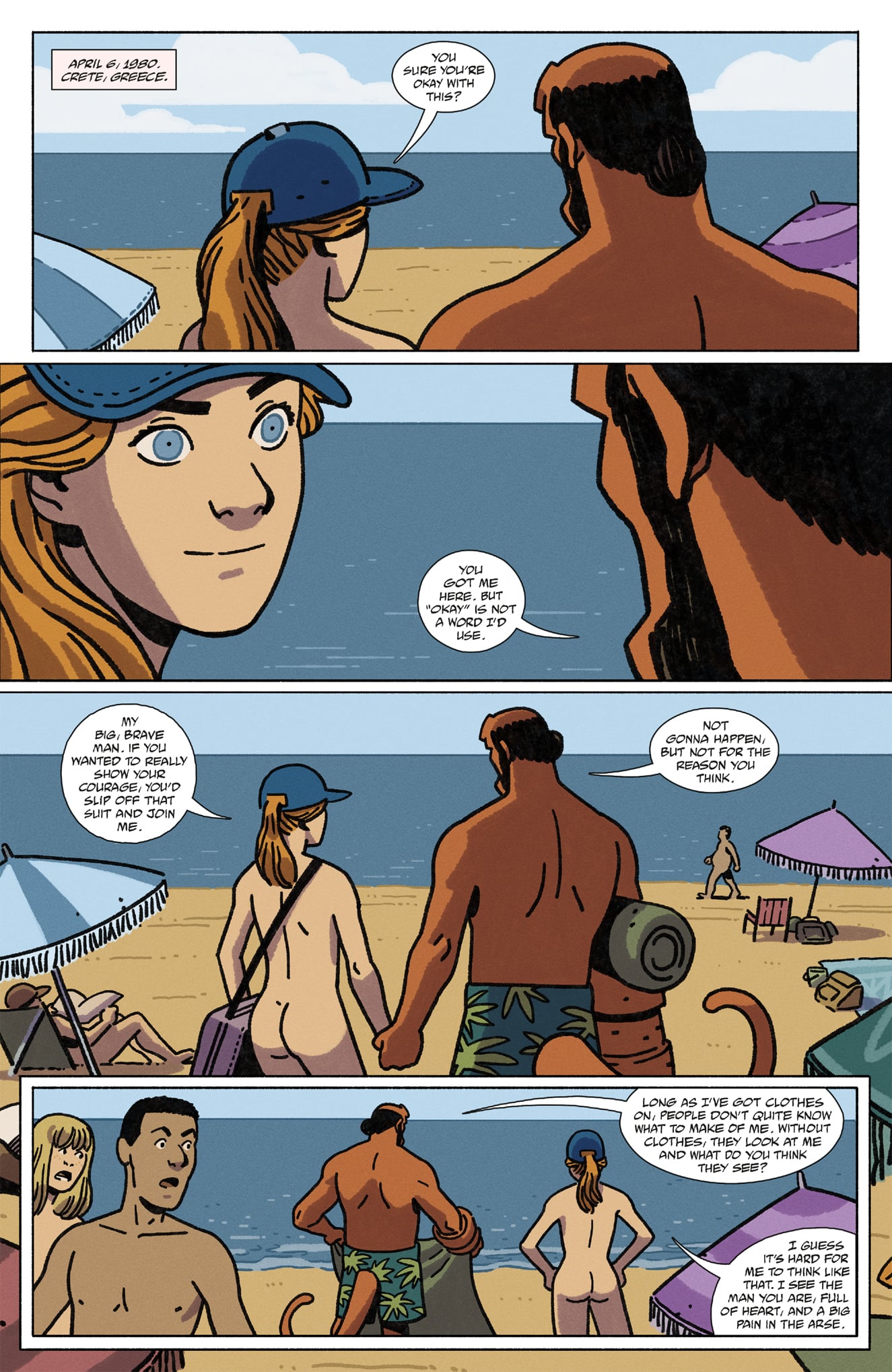 A woman and a man in swimwear walk along a beach, talking. In the background, people relax under umbrellas and near the water.