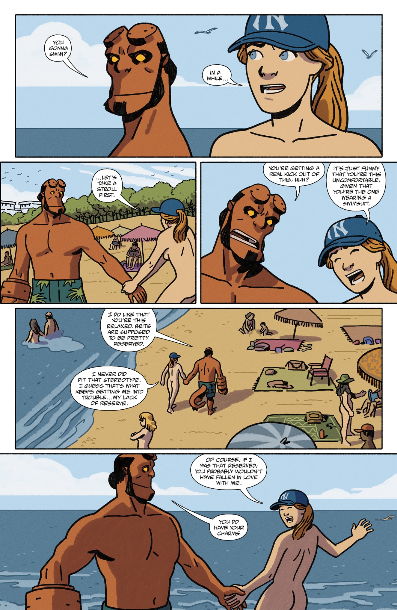 A man with red skin and a woman in a blue cap walk and talk on a beach, passing by people sunbathing and swimming in the background.