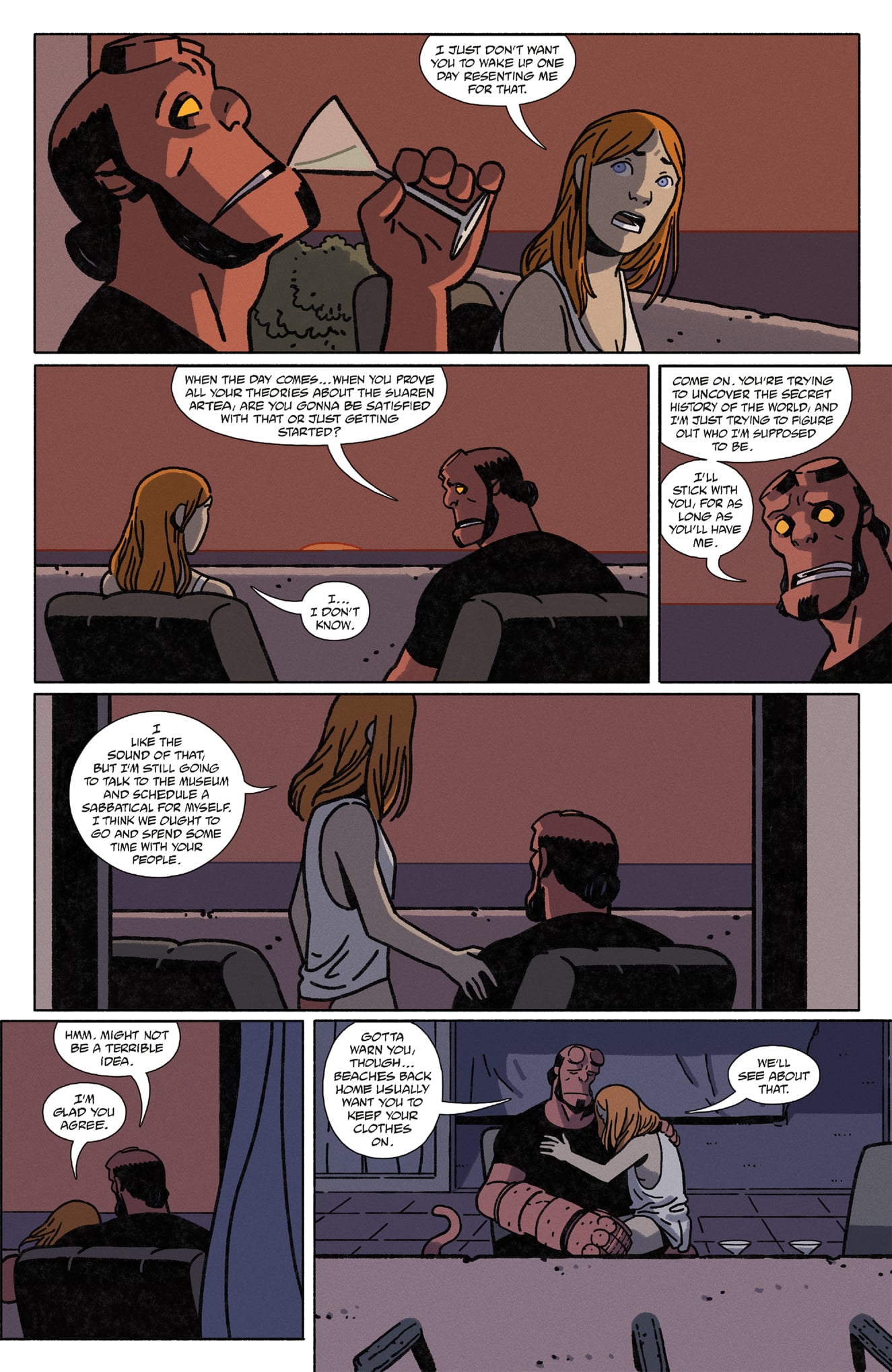 Hellboy and a woman sit together talking on a couch in a dimly lit room, sharing a serious conversation and comforting each other.