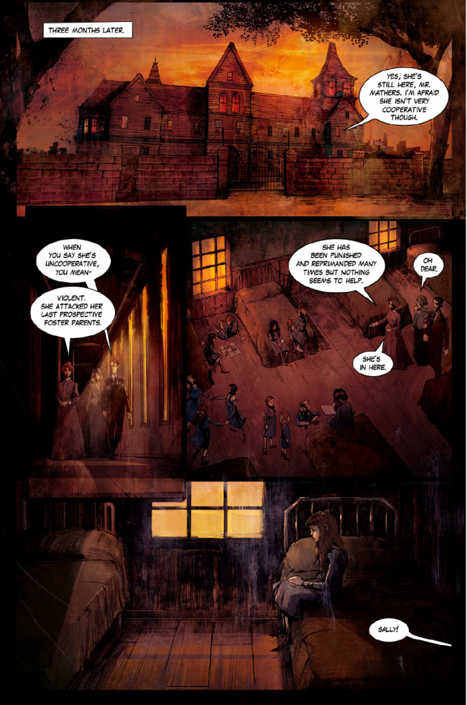 A girl arrives at a grim orphanage at night, is watched by girls inside, and is comforted by a woman who calls her Sally.