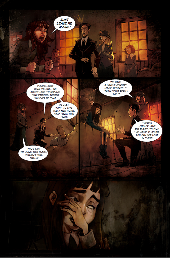 A distressed girl argues with two people in a dimly lit room; in another panel, she sits sadly while two others talk, and she wipes tears from her face in the final close-up.