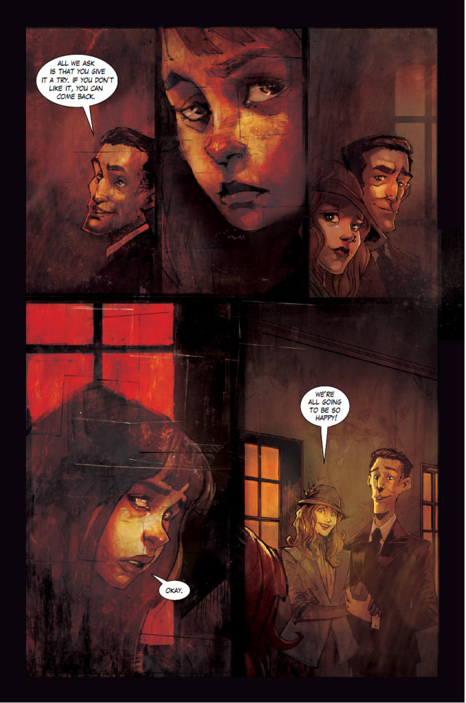 A woman listens as two people, a man and a woman, speak to her in a dimly lit room with red and yellow window light. The mood is tense and serious.