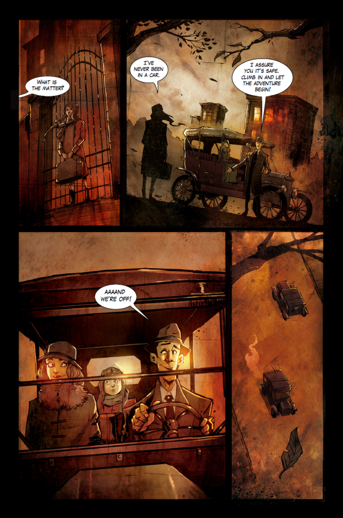 Four people prepare to ride in an early 20th-century car; one stands outside a gate, others sit inside the car as it drives down a dirt road. The atmosphere is dark and vintage.