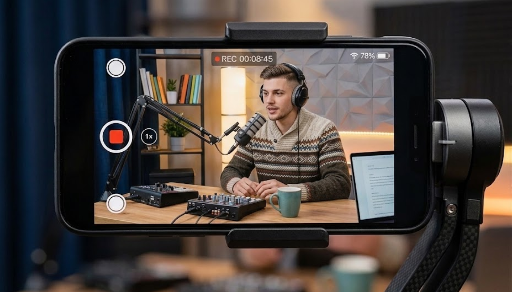 How AI Video Enhancement Is Helping Small Businesses Improve Marketing ROI A man wearing headphones speaks into a microphone while being recorded on video, seated at a desk with audio equipment, a mug, and a tablet.