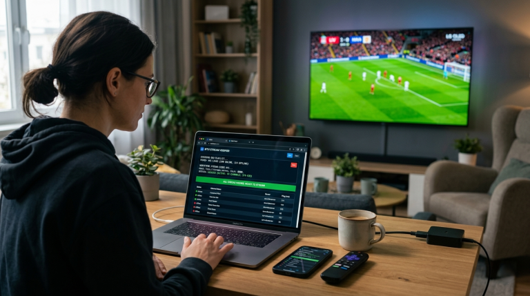 How To Check IPTV M3U Links And Xtream Codes Before Streaming: The Ultimate Guide Person sitting at a desk using a laptop to check sports statistics, with a smartphone nearby and a soccer match playing on a TV in the background.