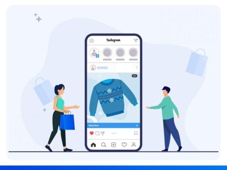 Illustration of two people near a large smartphone displaying an Instagram post featuring a blue sweater with snowflake patterns and a "Shop Now" button. Shopping bags are in the background.