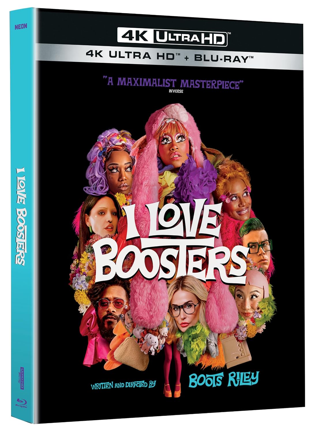 4K Ultra HD Blu-ray cover for "I Love Boosters," featuring colorful characters in extravagant costumes around the movie title. Directed by Boots Riley.