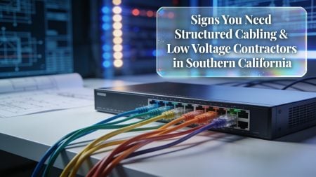 A network switch with multiple colorful Ethernet cables plugged in, located in a modern server room. A sign reads: “Signs You Need Structured Cabling & Low Voltage Contractors in Southern California.”.