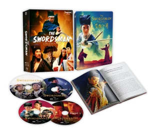 Box set of "The Swordsman Collection" with a slipcase, steelbook, four DVDs featuring movie art, and an open booklet displaying text and images.