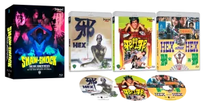 Box set featuring four Shaw Brothers horror film covers and matching Blu-ray discs, with titles including "HEX" and "Hex Versus Witchcraft.