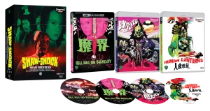 A Shaw Brothers Blu-ray box set featuring illustrated covers for "Hell Has No Boundary," "Bewitched," and "Human Lanterns," with corresponding discs arranged in front.