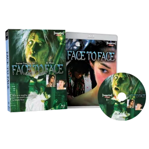 A DVD and case for the film "Face to Face," showing a green-toned, distressed face, with smaller inset images of characters and the movie title in bold white text.