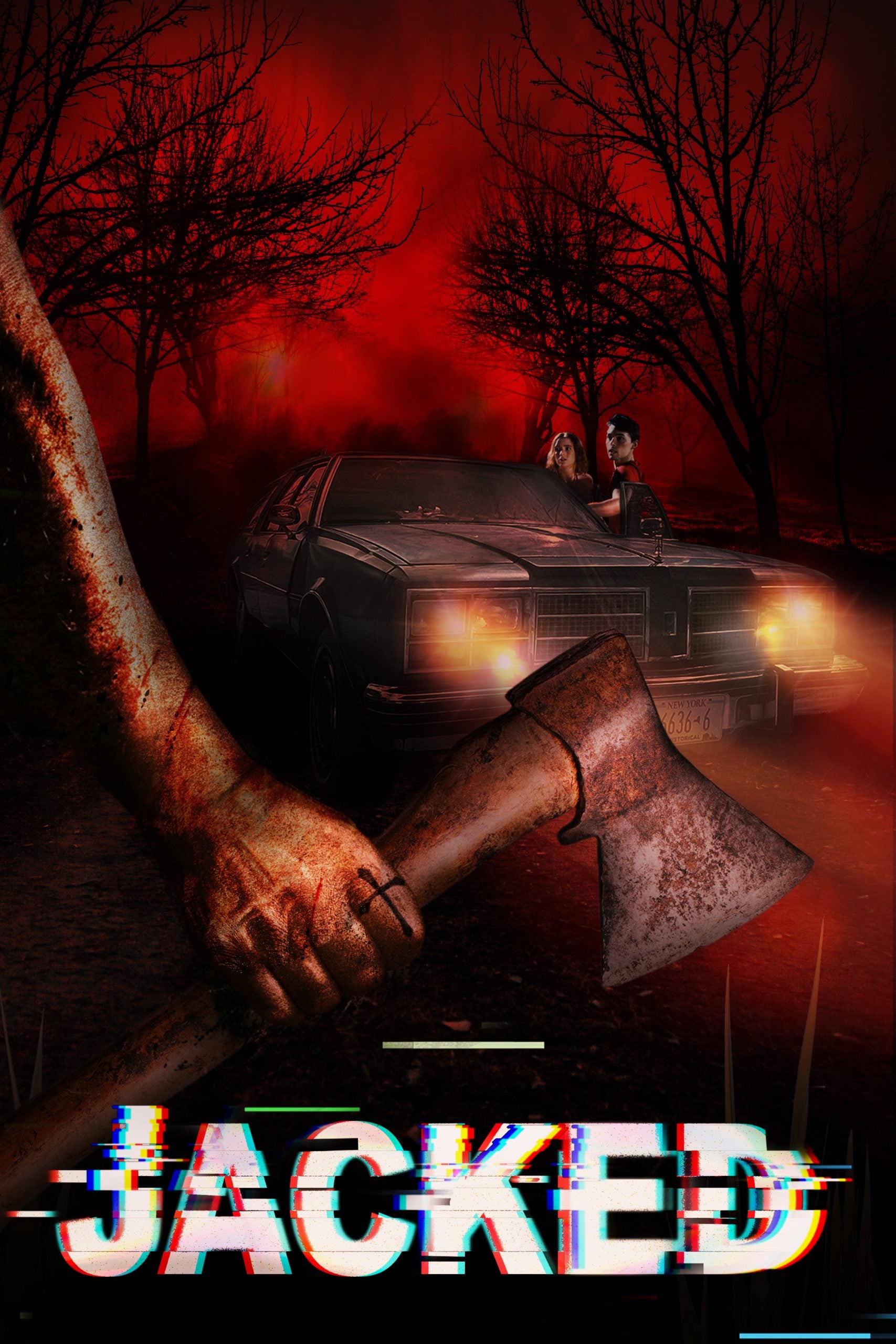 A bloodied hand grips an axe in the foreground; a couple sits in a car under red-lit, barren trees. The word "JACKED" is glitched across the bottom.