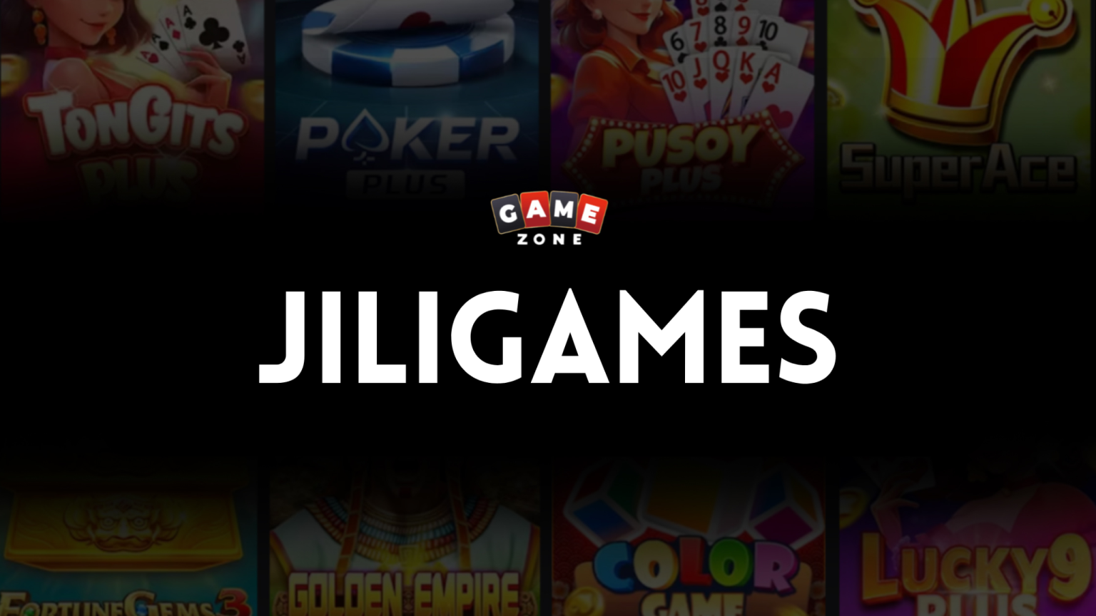 Logo for "JILIGAMES" with "GAME ZONE" written above, surrounded by blurred icons of various card and casino games in the background.