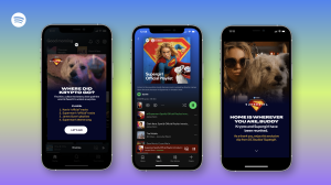 Spotify & DC Studios Launch Supergirl In-App Scavenger Hunt And Character Playlists Three smartphones display different screens featuring Supergirl and her dog Krypto, with Spotify branding and playlist information against a gradient blue and yellow background.