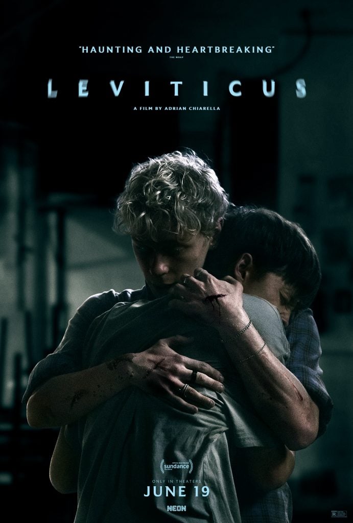 Two young people embrace tightly in a dimly lit setting; film title "Leviticus" appears above them with a release date of June 19.