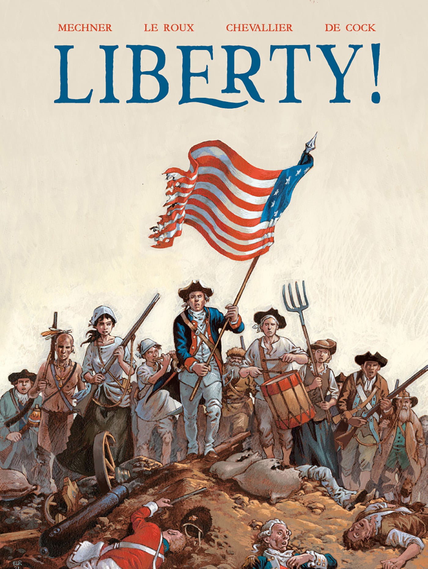 A group of Revolutionary War-era soldiers and civilians, led by a man holding an American flag, advance forward on a battlefield amid rocks and debris.