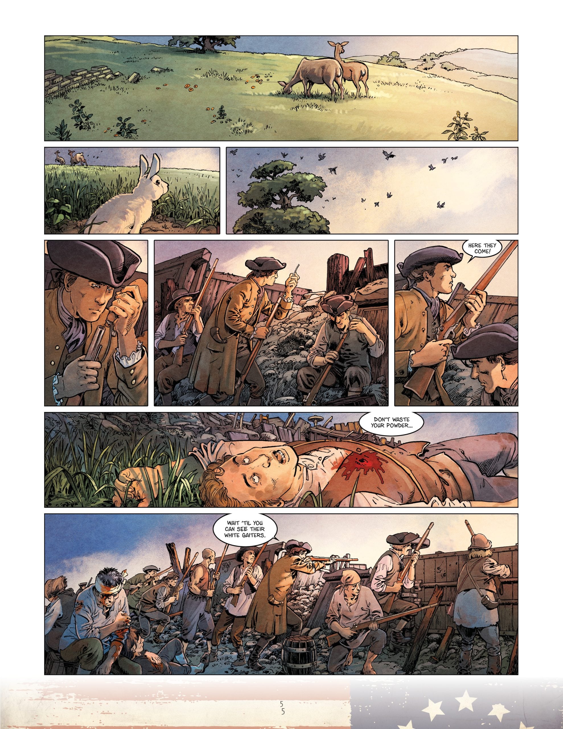 Comic page showing pastoral wildlife, then colonial-era soldiers in battle. One soldier lies wounded as others tend to him and defend their position. Dialogues indicate concern for the injured.