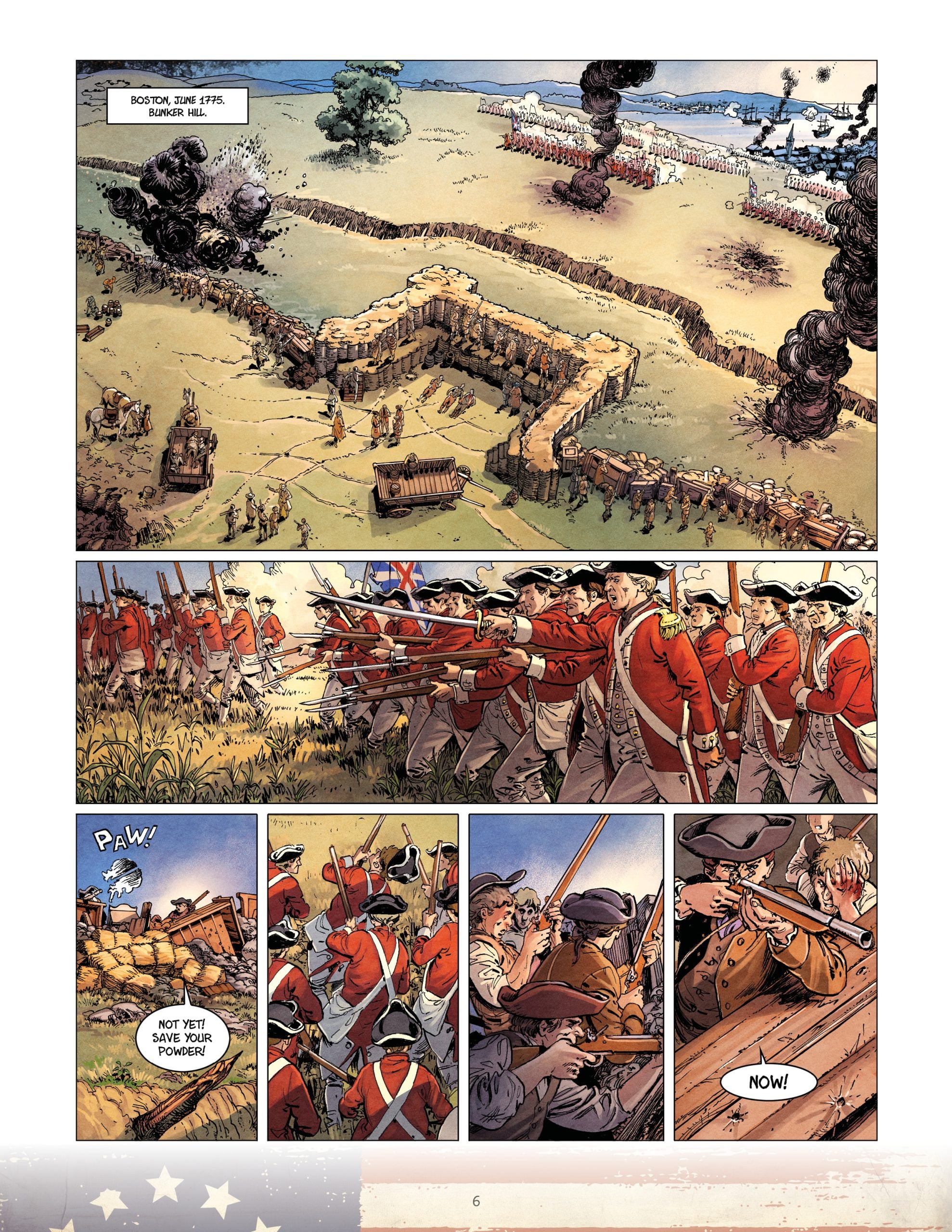 Comic book page depicts the Battle of Bunker Hill in 1775: British soldiers advance toward colonial militia behind earthworks; gunfire and smoke fill the battlefield.