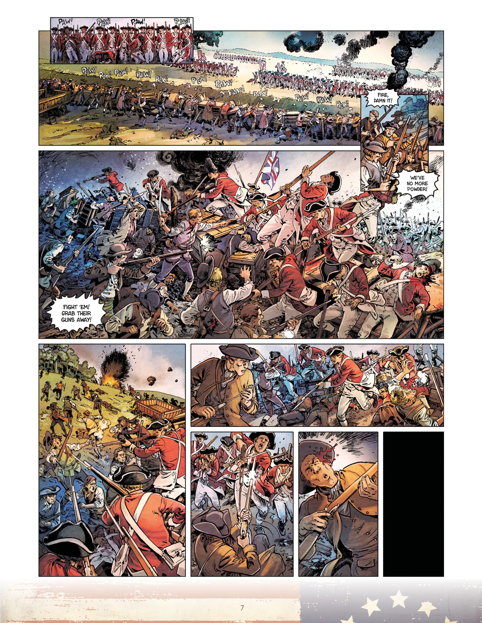 Comic page showing a chaotic battle between British redcoats and American revolutionaries with muskets and bayonets, smoke, and close combat during a historical war scene.