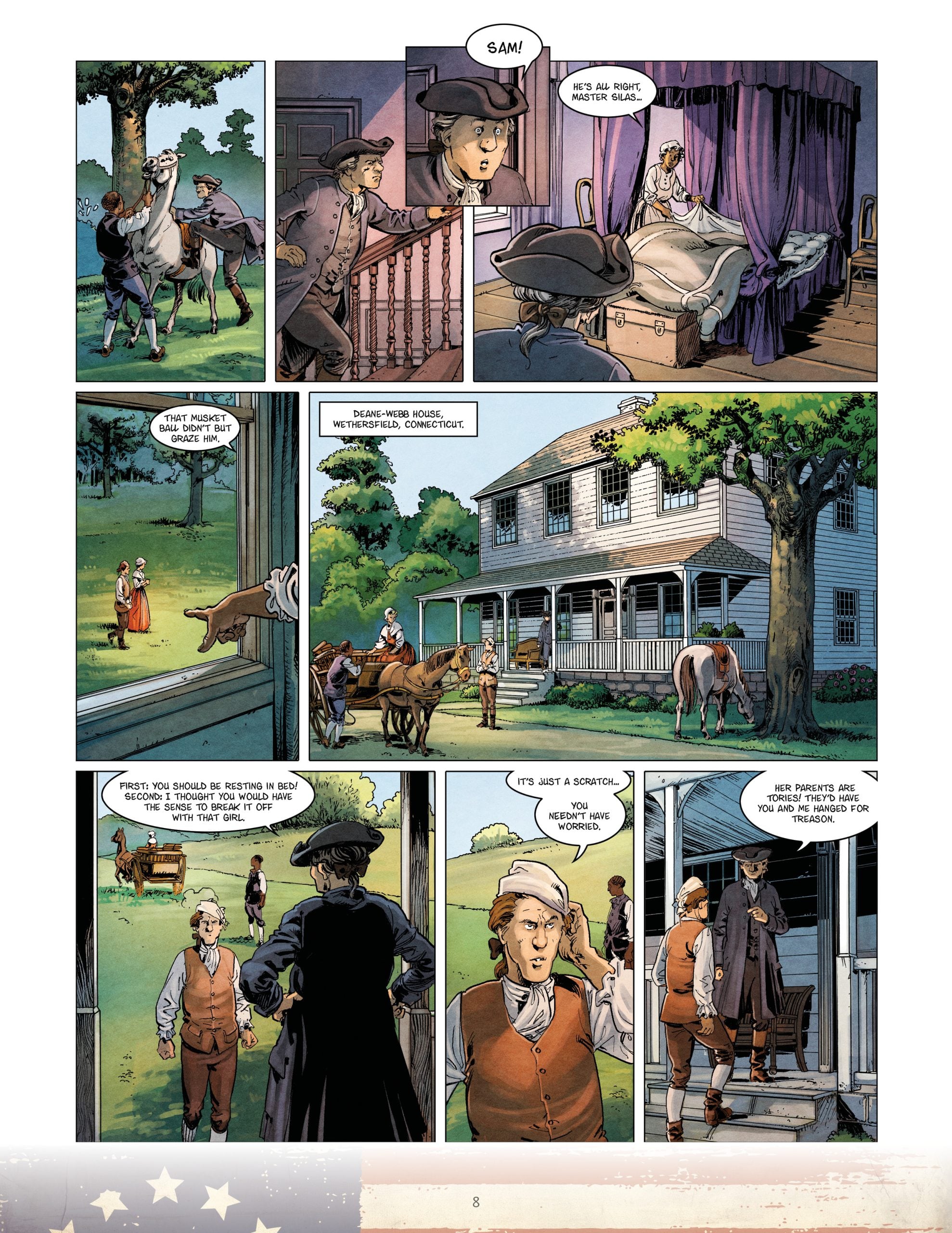 A comic page shows a colonial-era house, people in period clothing, horses outside, and a conversation between two men, with one escorting a boy into the house.