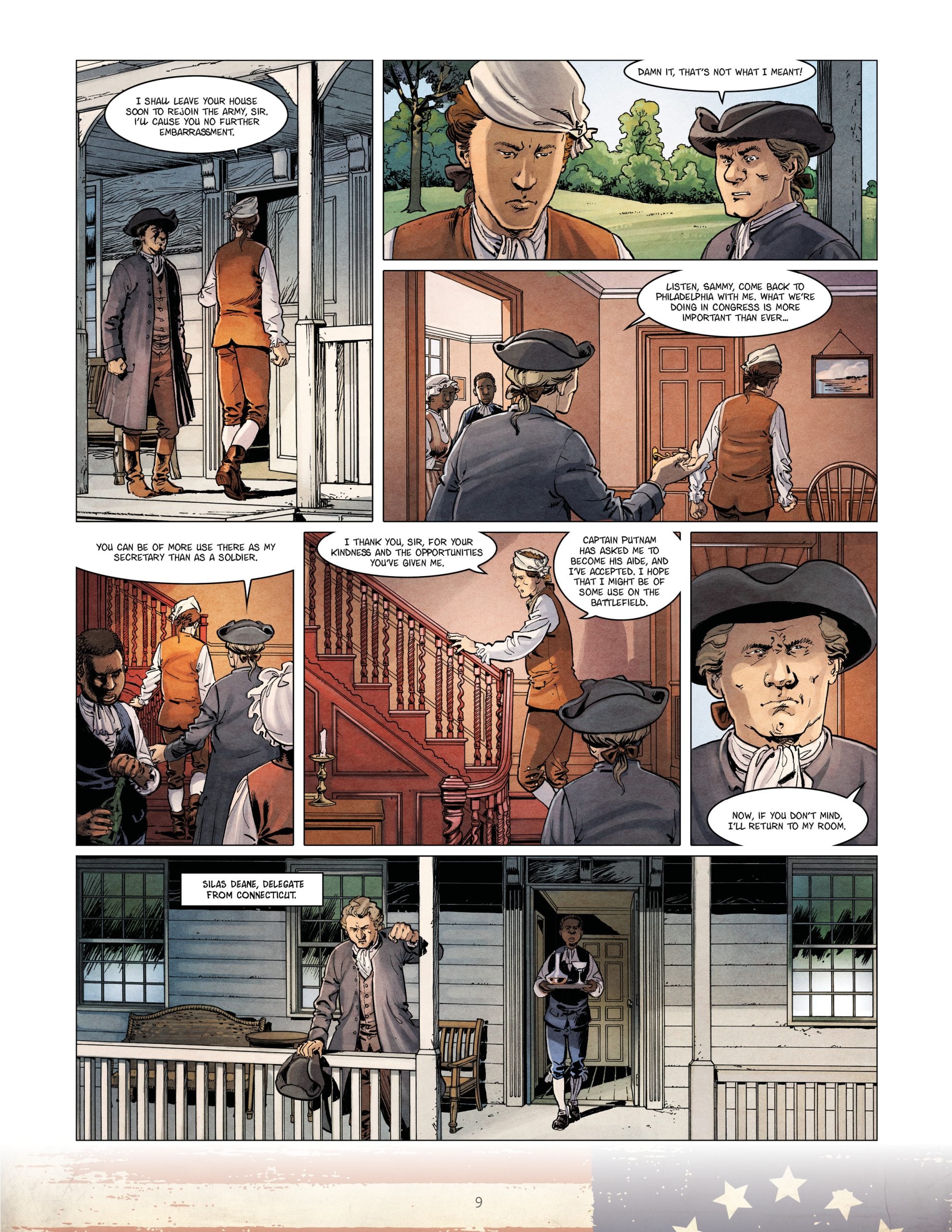 A colonial-era man in brown and white clothing speaks with others on a porch, then inside a house, and finally climbs stairs as he interacts with several people in period dress.