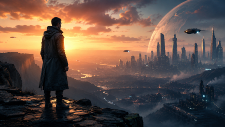 A person in a long coat stands on a cliff at sunset, overlooking a futuristic city with skyscrapers, flying vehicles, and a large planet visible in the sky.