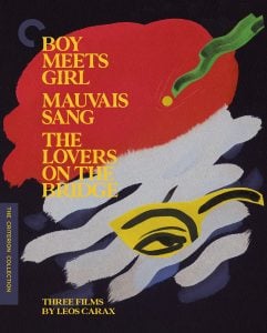 Abstract cover art with colorful shapes and a yellow eye mask promotes "Boy Meets Girl," "Mauvais Sang," and "The Lovers on the Bridge" by Leos Carax from The Criterion Collection.