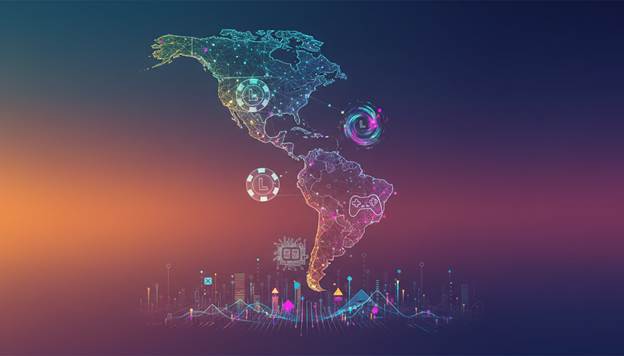 The Rise of Localized iGaming Platforms: Tech Innovation In The LATAM Market Digital illustration of North and South America featuring technology icons and data graphs, symbolizing connectivity and digital transformation across the continents.