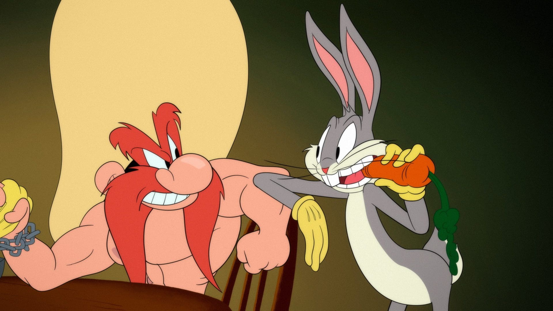 Physical media release of Looney Tunes Cartoons. Two animated characters, a muscular man with a large red mustache and a gray rabbit holding a carrot, sit next to each other at a table.