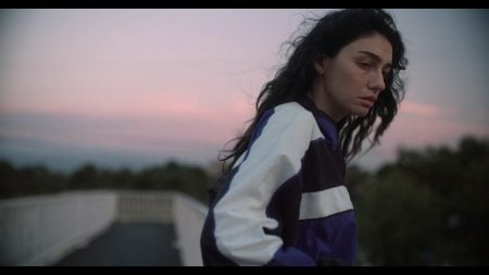 A woman with long dark hair, wearing a blue and white jacket, stands outdoors at sunset, looking pensively into the distance.